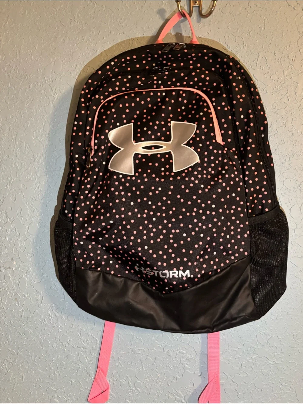 Under Armour Black Backpack with Pink Polka Dot Accents